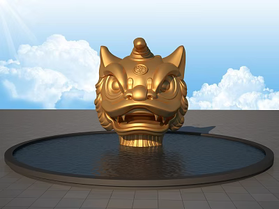 Golden Lion Head Sculpture Displayed In Round Pool With Blue Sky White Clouds 3d model