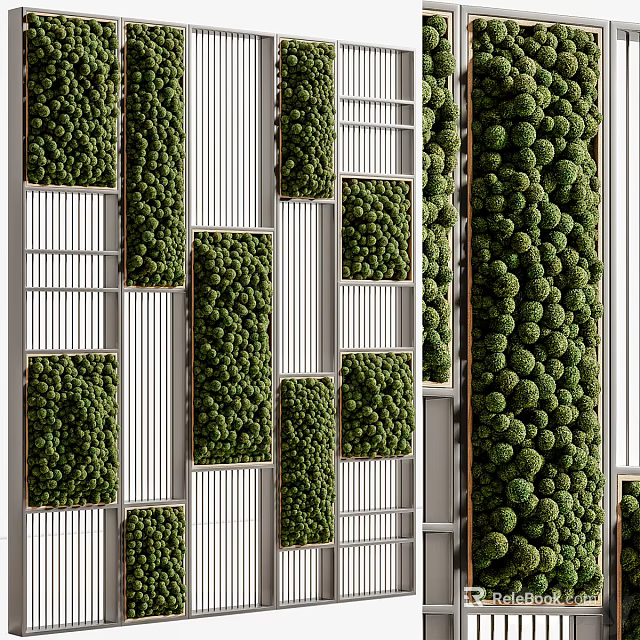 Indoor Green Plant Wall Design with White Vertical Frames and Lush Foliage 3d model 
