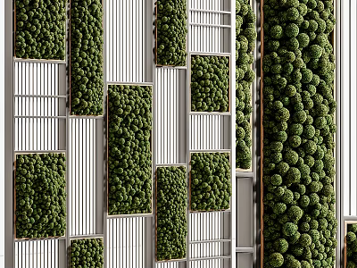 Indoor Green Plant Wall Design with White Vertical Frames and Lush Foliage 3d model