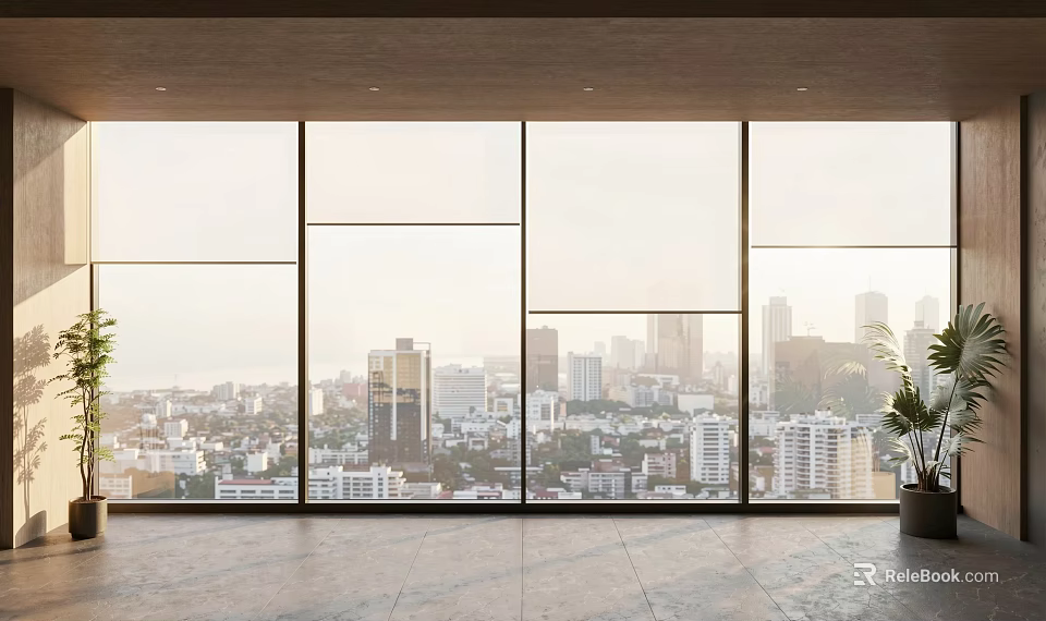 Contemporary Curtains For Large Windows With City Skyline View And Modern Interior Potted Plant 3d model 