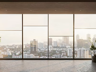 Contemporary Curtains For Large Windows With City Skyline View And Modern Interior Potted Plant 3d model