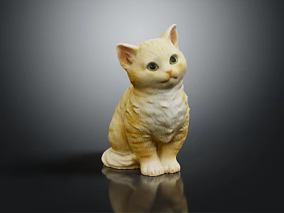 Yellow Sitting Cat Statue With Detailed Fur Texture On Dark Background 3d model