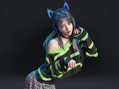 Girl with headphones 3d model