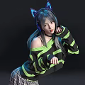 Stylish Woman In Green Black Striped Sweater With Blue Cat Ear Headphones And Plaid Skirt
