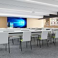 School Modern Classroom With White Desks Large Screen Bookshelves And Bright Lighting