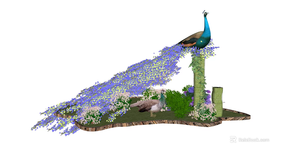 Vibrant Reptile Perching Among Purple Flowers And Green Plants Near Peacock On Stone Pillar 3d model 