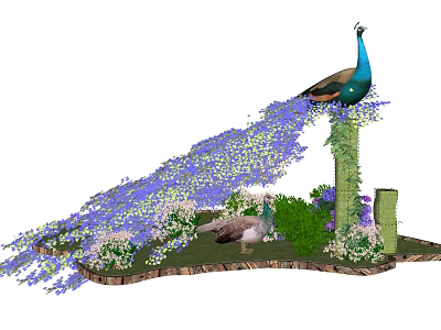 Vibrant Reptile Perching Among Purple Flowers And Green Plants Near Peacock On Stone Pillar 3d model