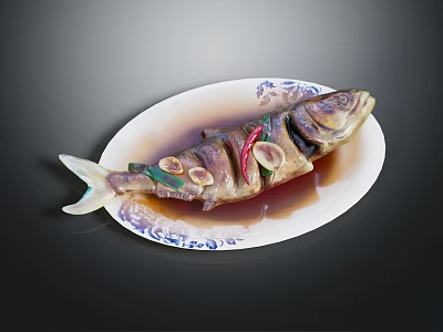 Cooked Fish with Chili Peppers and Garlic Slices on Blue White Pattern Plate in Sauce 3d model