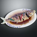 Cooked Fish with Chili Peppers and Garlic Slices on Blue White Pattern Plate in Sauce