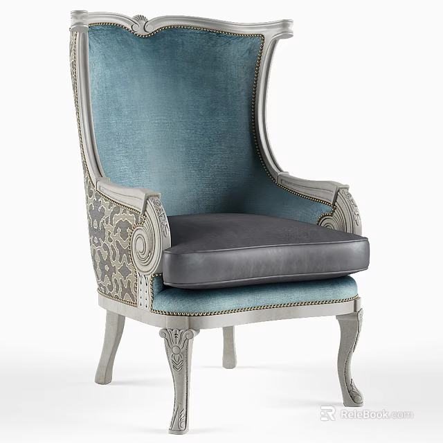 Luxurious Teal Velvet Accent Chair With Intricate Carvings And Metal Accents 3d model 