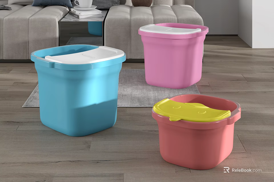 Blue Pink Red Plastic Bins With Colorful Lids For Home Storage 3d model 
