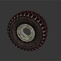 Truck Tire With Deep Tread Pattern And Metal Rim On Dark Background