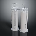 Two White Transparent Cylindrical Containers With Metal Connecting Tube And Base As Laboratory Apparatus