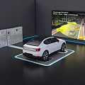 White Autonomous Vehicle Testing Setup With Control Cabinets And Road Simulation Display Screen 3d model
