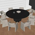 Modern Round Dark Gray Dining Table Set With Six Light Colored Chairs 3d model