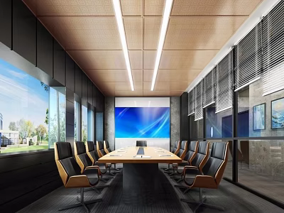 Modern Conference Room Interior With Long Table Black Wooden Chairs Large Screen And Ceiling Lights 3d model