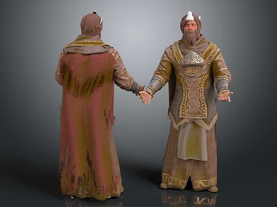 Two Medieval Style Characters in Ornate Costumes with Horned Helmet and Cloak Front Back Views 3d model