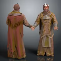 Two Medieval Style Characters in Ornate Costumes with Horned Helmet and Cloak Front Back Views