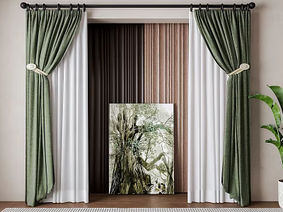 Green And White Layered Curtains With Tiebacks For Home Interior Decoration 3d model