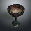 Intricate Bronze Pedestal Bowl Sculpture With Embossed Patterns And Decorative Base