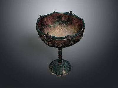 Intricate Bronze Pedestal Bowl Sculpture With Embossed Patterns And Decorative Base 3d model