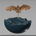Home Furniture Decorative Blue Bowl With Wave Design And Orange Winged Dragon Ornament