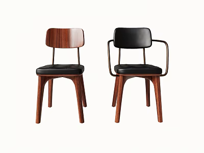 Modern Minimalist Dining Chairs With Wooden Legs Black Leather Seats And Armrest Options 3d model