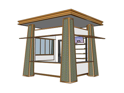 Small Outdoor Kiosk With Wooden Roof Green Pillars Window And Shelves 3d model