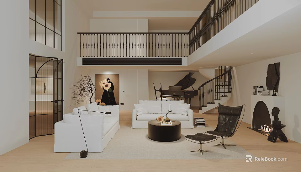 Modern Duplex Living Room Interior With White Sofas Round Coffee Table Piano And Staircase 3d model 