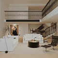 Modern Duplex Living Room Interior With White Sofas Round Coffee Table Piano And Staircase