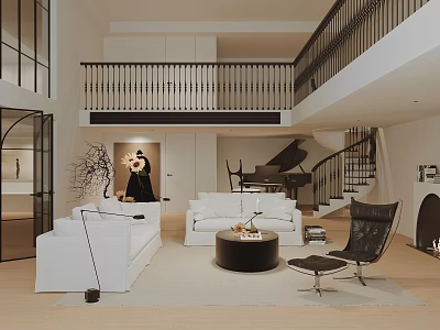 Modern Duplex Living Room Interior With White Sofas Round Coffee Table Piano And Staircase 3d model