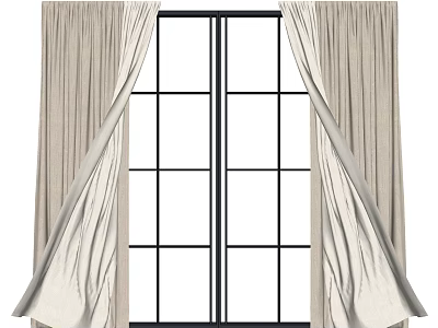 Beige Linen Curtains Draped Over Modern Double Door Window Frame 3d model
