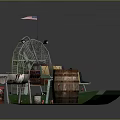 Model Scene With American Flag Yellow Black Boxes Wooden Barrel And Green Platform