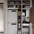 Home Balcony Interior With Stacked Washing Machines Storage Cabinets Baskets And Green Plant