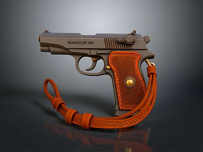 Black HANDBUN P8 Handgun with Orange Braided Holster and Gold Button 3d model