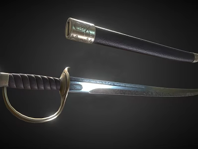Medieval Curved Sword with Metal Hilt Dark Wrapped Handle and Black Scabbard with Metal Accents 3d model
