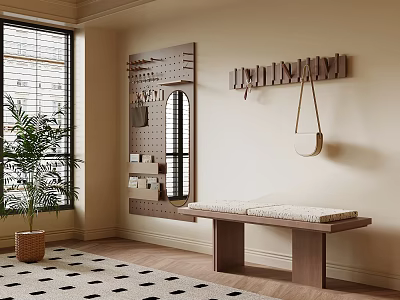 Wooden Bench With Cushion In Room Featuring Pegboard Mirror Hanging Basket Plant And Checkered Rug 3d model