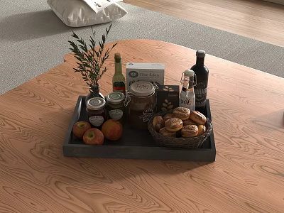 Fresh Assorted Food Tray With Apples Buns Jars And Olive Branch On Wooden Table 3d model