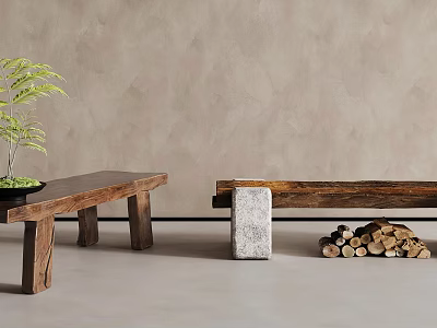 Natural Wooden Benches With Potted Plant Stone Base And Wood Logs Beige Wall Gray Floor 3d model