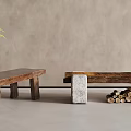Natural Wooden Benches With Potted Plant Stone Base And Wood Logs Beige Wall Gray Floor