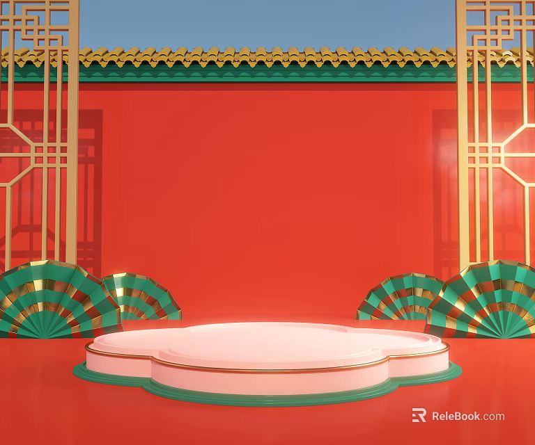 Red Background with Golden Frames Green Decorations Fan-shaped Elements and Circular Platform 3d model