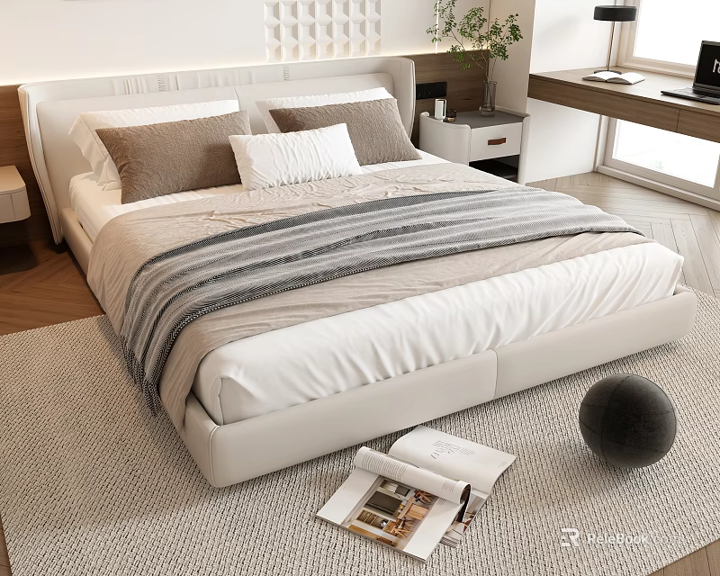 Modern Double Bed With Striped Comforter Pillows Magazine Decorative Ball On Rug Near Window And Desk 3d model 