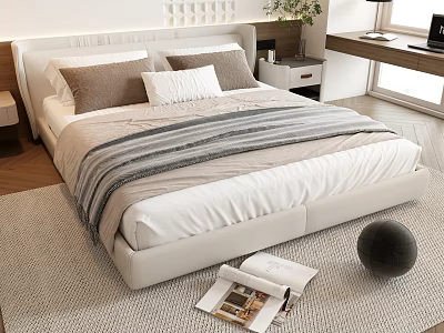 Modern Double Bed With Striped Comforter Pillows Magazine Decorative Ball On Rug Near Window And Desk 3d model
