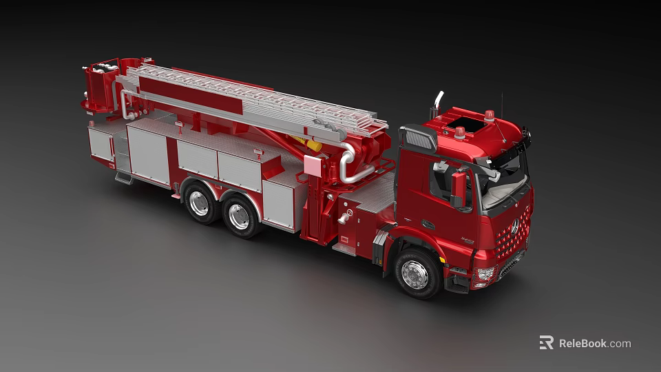 Large Red Fire Truck With Extended Rescue Ladder For Emergency Services 3d model 