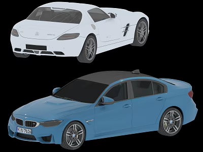 White Sports Car And Blue Sedan Vehicle Models On Black Background 3d model