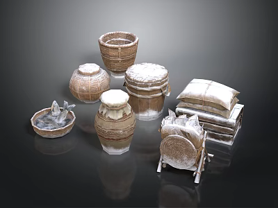 Artisan Handcrafted Carved Sculptures Featuring Pottery Jars Baskets And Wrapped Bundles 3d model