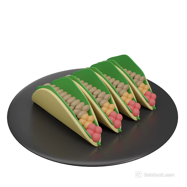 Delicious Tacos with Green Tortillas on Black Plate Filled with Colorful Beans and Veggies 3d model 