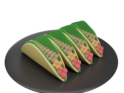 Delicious Tacos with Green Tortillas on Black Plate Filled with Colorful Beans and Veggies 3d model