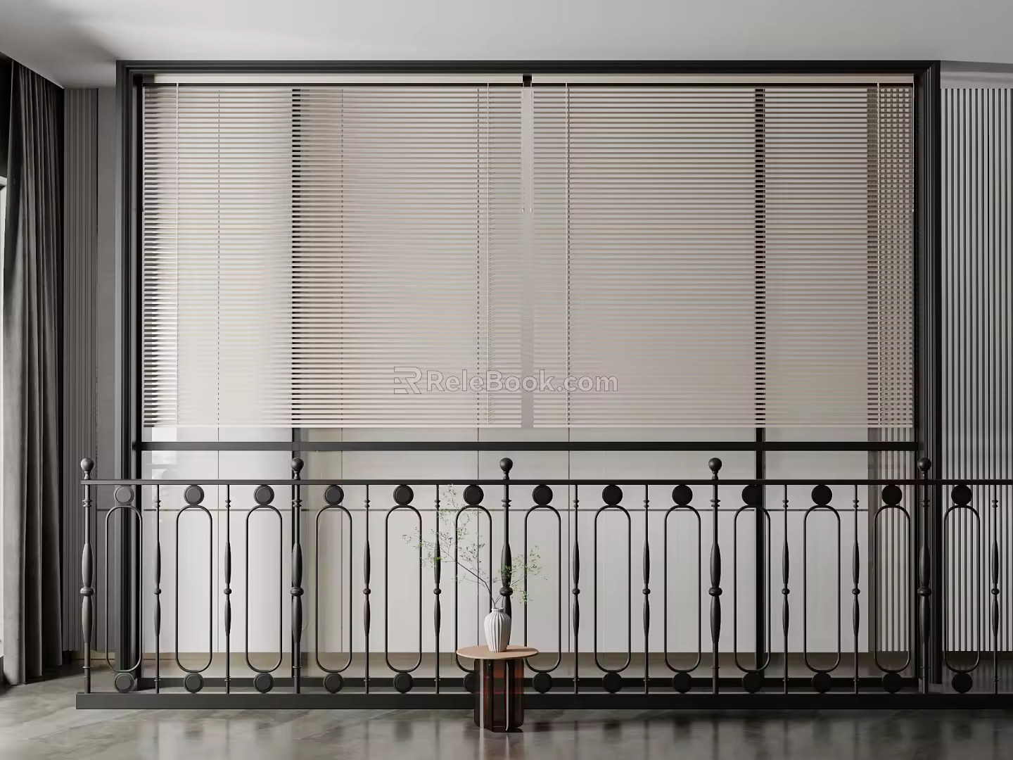 Modern venetian blinds floor-to-ceiling windows guardrail 3d model