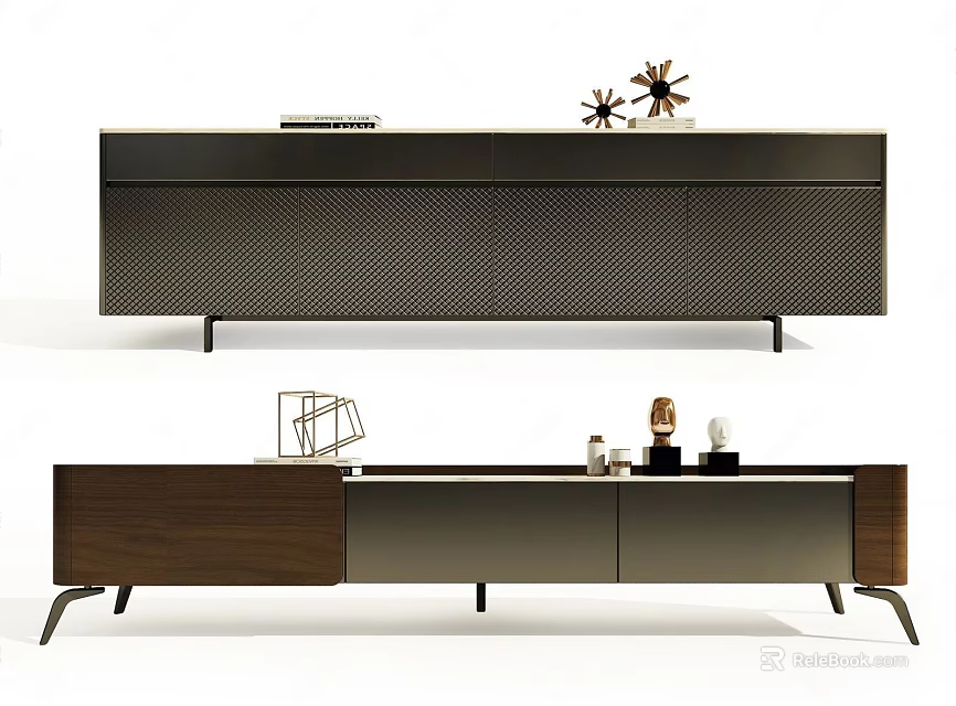 Modern Wooden TV Cabinet With Textured Surface Metal Legs And Decorative Items 3d model 